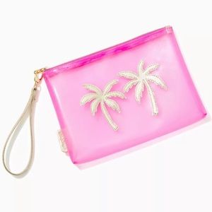 Lilly Pulitzer Pink Jelly Wristlet Pouch with gold palm trees